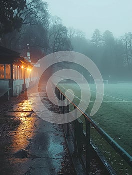 Floodlit Sports Arena Preparing for Nighttime Match