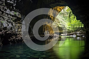 floodlit subterranean river in a limestone cave