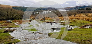 Floodwater on dartmoor running in to burrator reservoir