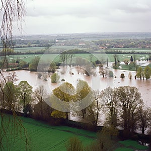 Floodwaters cover ground, surrounding tall trees that stand in middle of the inundated area.