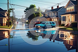 Floodwaters Rising Against the Gradient of a Suburban Street: Cars Partially Submerged, Households in Crisis