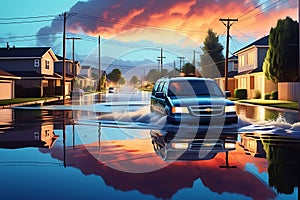 Floodwaters Rising Against the Gradient of a Suburban Street: Cars Partially Submerged, Households in Crisis