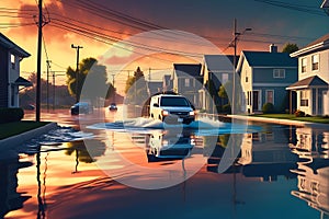 Floodwaters Rising Against the Gradient of a Suburban Street: Cars Partially Submerged, Households in Crisis