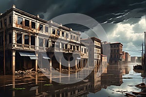 Floodwaters Surge Around Crumbling Buildings: Debris Swirling in the Murky Depths Delineate Structural Decay