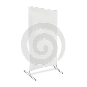 Floor banner stand vector mock-up. Vertical pop-up display realistic mockup. White blank flex standee. Template for design