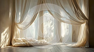 Floor bed with white draped curtains, ai generated