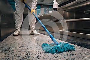 Floor being cleaned with blue mop cloth, emphasizing hygiene and cleanliness