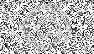 Floor with children toys mess seamless pattern black and white