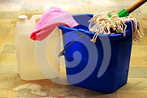 Floor cleaning equipment and detergent. photo