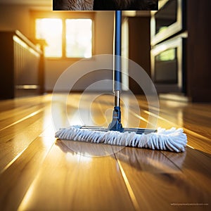 Floor cleaning with mob and cleanser foam. Cleaning tools on parquet floor,
