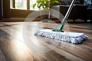 Floor cleaning with mob and cleanser foam. Cleaning tools on parquet floor. Generative AI