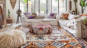 The floor is covered in a plush intricately woven Moroccan rug featuring bold patterns and vibrant colors. Its soft