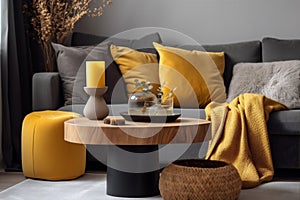 floor decor home grey pillow modern interior cushion house sofa yellow. Generative AI.