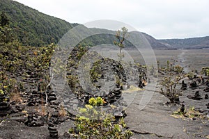 The floor of Kilauea`s Iki Crater lined with cairns and plant life
