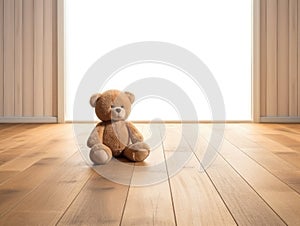 The floor is laminate. On the floor soft toy teddy bear. Empty room with wood laminate flooring