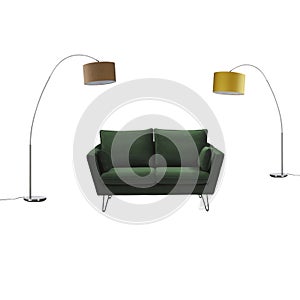 floor lamp with alpine green sofaisolated white background with clipping path