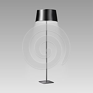 Floor lamp with black lampshade. Realistic vector illustration. Modern interior light