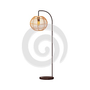Floor lamp with rattan wicker shade, tall metal leg in modern boho style. Electric lightbulb, woven lampshade, interior