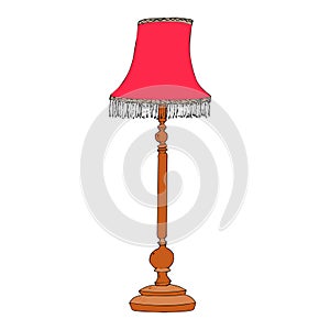 Floor lamp with red lampshade and wooden stand.