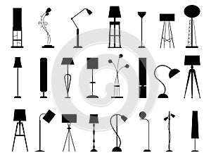 Floor lamp silhouettes. Modern light furniture, office and home decorative light, tall lamps and floor lamps detail