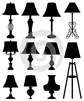 Floor lamps Silhouettes set. Vector illustrations of table lamps isolated on white background. Stencils of lamps. Lamps for living