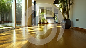 The floor is lined with bamboo planks, their rich golden hues exuding warmth and natural beauty, AI generated