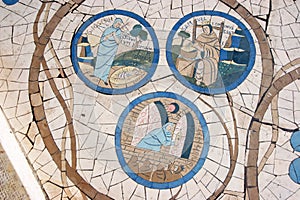 Floor mosaic in front of the Church of the Beatitudes, Galilee, Israel