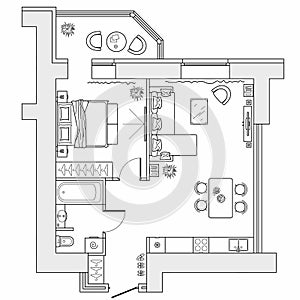 Floor plan of the apartment with arrangement furniture. Architectural drawing of the house top view. Vector blue print