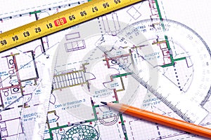 Floor plan and architect's tools
