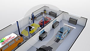 Floor plan of car service. Floor plan of car service. Working place with tools in garage.