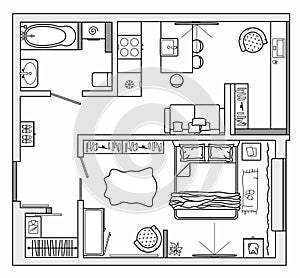 Floor plan with furniture placement. The interior design project. Vector.