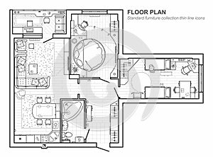 Floor plan with furniture in top view. Architectural set of furniture thin line icons. Detailed project of the modern apartment.