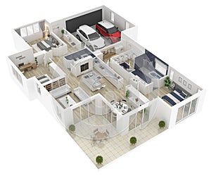 Floor plan of a house top view 3D illustration.