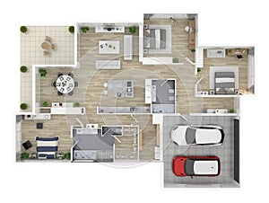 Floor plan of a house top view 3D illustration.