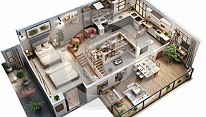 Floor plan of a house top view 3D illustration. Open concept living house layout