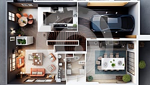 Floor plan of a house top view 3D illustration. Open concept living house layout