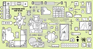 Floor plan icon set in top view for interior design. The layout of the apartment, kitchen, living room and bedroom. Vector