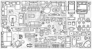 Floor plan icons set for design interior and architectural project view from above. Furniture icon in top view. Vector