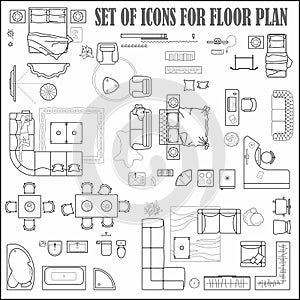 Floor plan icons set for design interior and architectural project view from above. Furniture thin line icon in top view