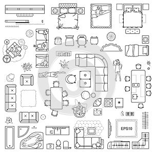 Floor plan icons set for design interior and architectural project view from above. Furniture thin line icon in top view