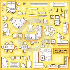 Floor plan icons set for design interior and architectural project view from above. Furniture thin line icon in top view Vector