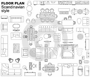 Floor plan icons set for design interior and architectural project view from above. Furniture thin line icon in top view. Vector