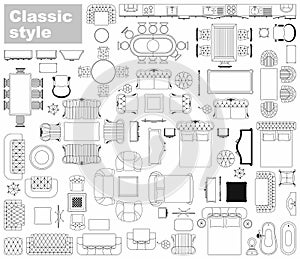 Floor plan icons set for design interior and architectural project view from above. Furniture thin line icon in top view. Vector