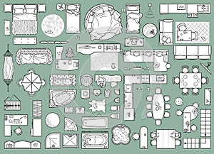 Floor plan icons set for interior and architectural project. Furniture thin line icon in top view for layout. Vector