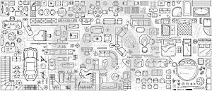 Floor plan icons set for interior and architectural project view from above. Furniture icon in top view for layout. Vector