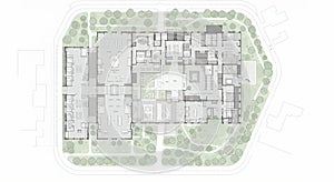 Floor plan of a large, rectangular building surrounded by a