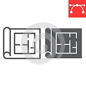 Floor plan line and glyph icon, architecture and blueprint, house plan sign vector graphics, editable stroke linear icon