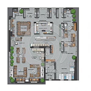 Floor plan for a modern office space. Features include ergonomic workstations, a