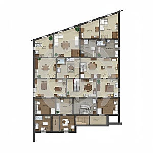 Floor plan of a multi-room building with an irregular shape. It