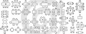 Floor plan of office or cabinet in top view. Kitchen furniture icons in view from above. Vector